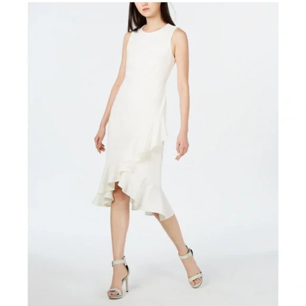 Calvin Klein white sheath midi dress Size 6 ruffle hem sleeveless chic classy